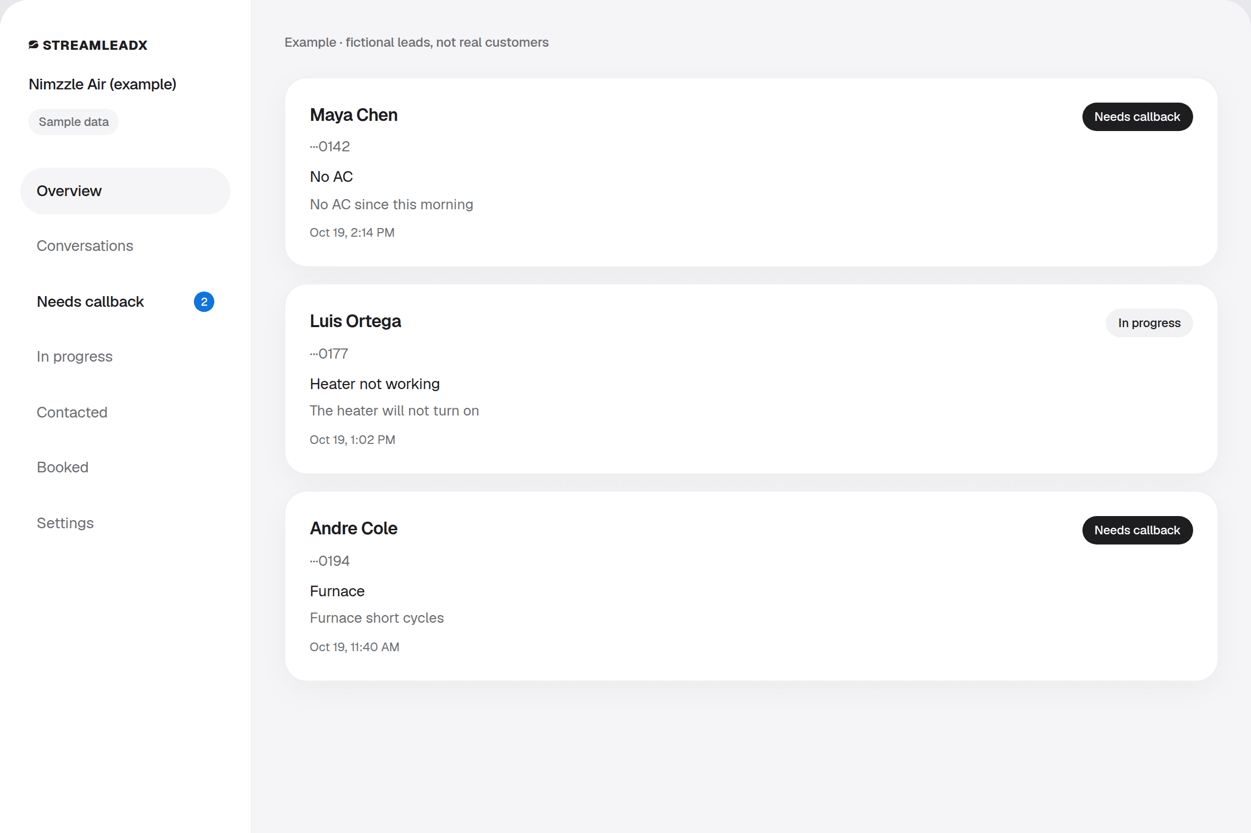 Example StreamLeadX customer dashboard for Nimzzle Air (example). Fictional HVAC leads for Maya Chen, Luis Ortega, and Andre Cole are marked Needs callback and In progress. Phone numbers are masked to the last four digits. These are not real customers.